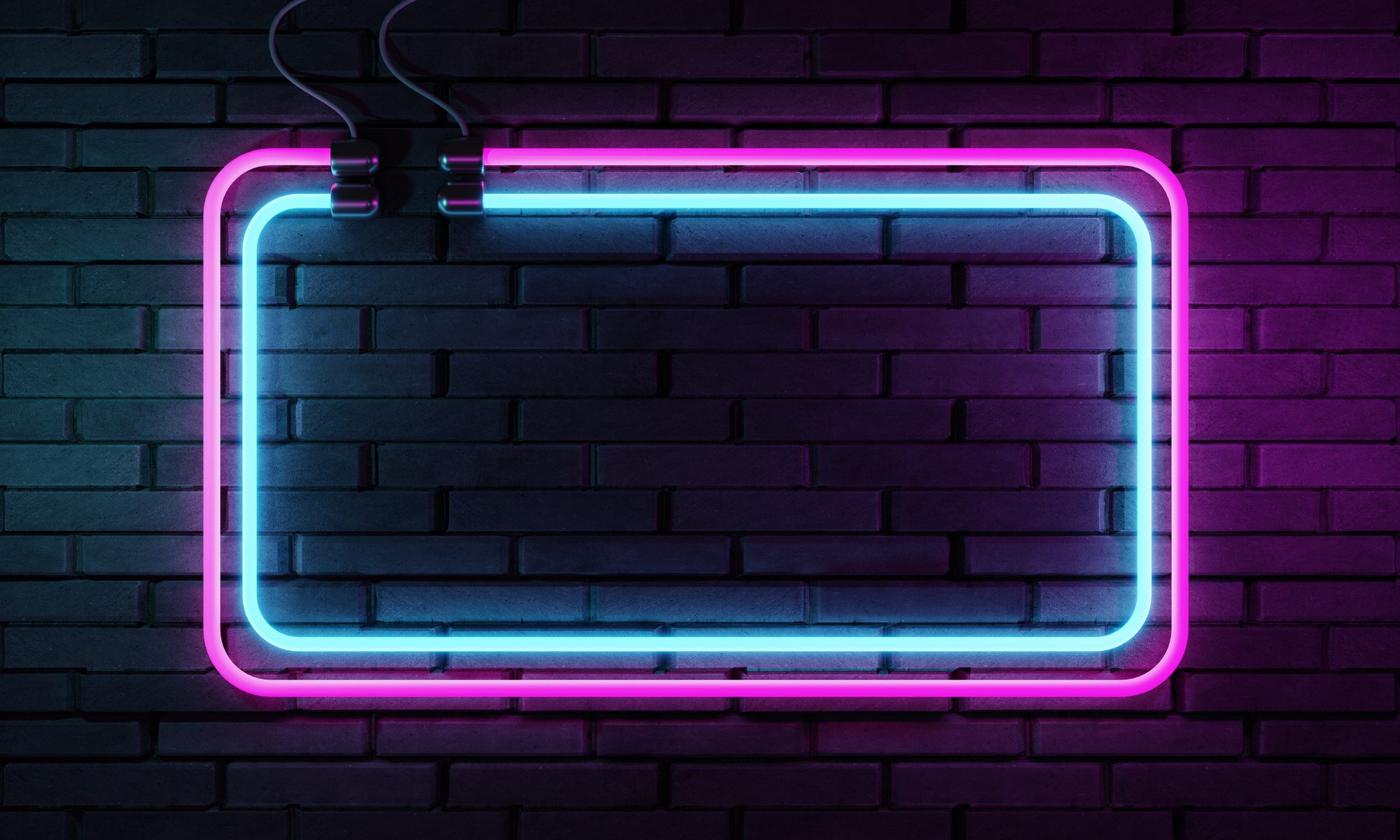 Neon sign banner with copy space on brick wall background. A